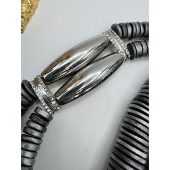 Chicos Chunky Metallic Gray SilverTone Disk Rhinestone Statement LayeredNecklace - Picture 8 of 9